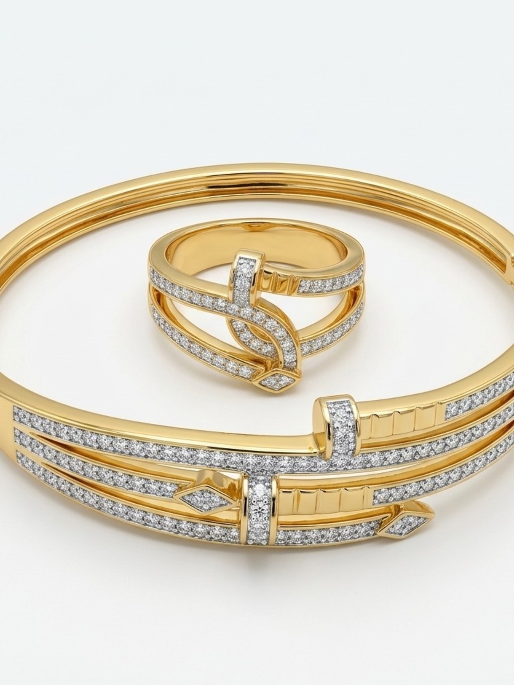 Gold Pavé Diamond Knot Ring and Bracelet Set